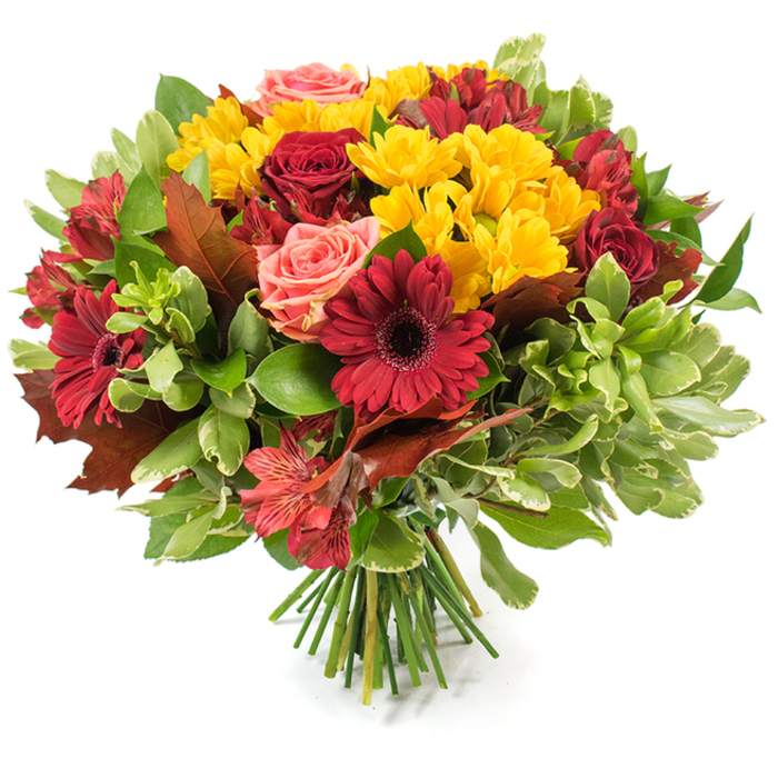 A dense, rounded hand-tied bouquet sits prominently on a white tabletop, its colours and textures speaking of harvest and home. The arrangement is orchestrated around deep, velvety red roses and bold, dark-centred Gerbera daisies that anchor the eye, while abundant clusters of small, bright yellow spray chrysanthemums thread through the composition like little rays of sunlight. Coral and peach garden roses soften the palette with blush tones and layered petals, and delicate alstroemeria in red-orange, some speckled, add fine, linear detail and an airy, star-shaped counterpoint to the rounder blooms. The flowers are nestling within a generous assortment of foliage - glossy deep greens, paler variegated leaves and tactile greenery that both lift and frame the blossoms. Placed among the greens are several large, reddish-brown, lobed leaves reminiscent of oak or maple turned by autumn winds; their bronze edges and slightly curled surfaces give a natural, rustic accent attuned to the season. The gathered stems are visible at the base, tied into a tidy hand-tied bunch that rests on the white surface and suggests fresh-from-the-workbench craftsmanship. Under soft daylight the petals reveal subtle sheen and depth, inviting touch and drawing attention to layered textures. This composition suits Thanksgiving or seasonal centrepieces and feels especially at home in Tufnell Park flats and houses - a comforting, harvested gift that brings the warmth of autumn indoors to places near Junction Road and the local community.