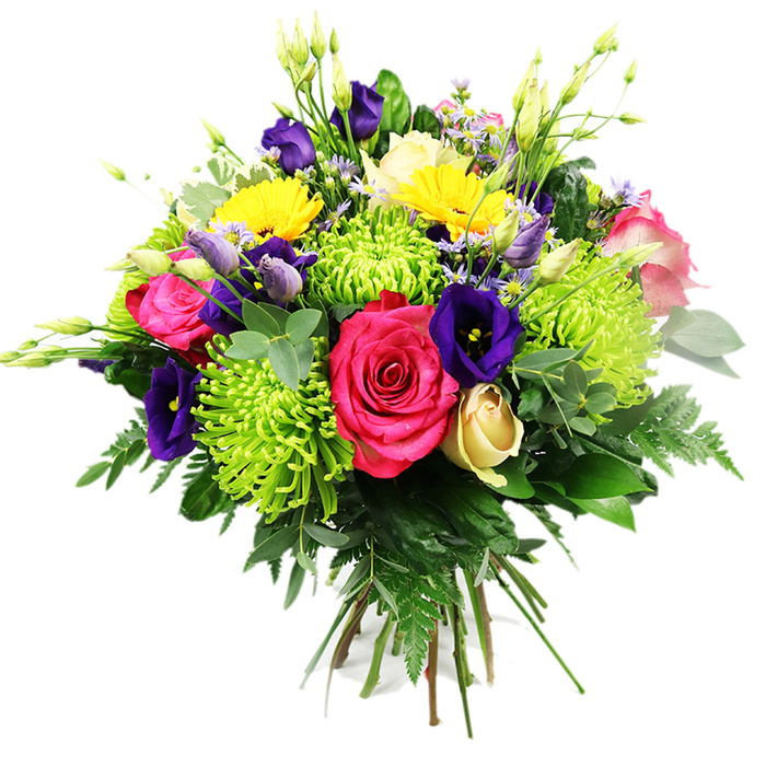 This image shows a vibrant, hand-tied bouquet of mixed-colour flowers set against a plain white background, allowing every petal and leaf to stand out in clear detail. The arrangement is lush and rounded, with a carefully balanced dome of blooms that looks as if it has just been finished on the workbench of a Tufnell Park florist overlooking Fortress Road. At the heart of the design are striking hot pink roses, fully opened so that their velvety petals form generous, layered rosettes. Nestled among them are bold lime green spider chrysanthemums whose elongated, slender petals splay outward in every direction, lending a playful, almost electric texture and a fresh, zesty hue. Deep indigo and royal purple lisianthus blossoms wind gracefully through the bouquet; some are open with softly ruffled, bell-like forms, while others remain in smooth, elegant buds that add anticipation and structure. Bright yellow Gerbera-style daisies pop up throughout the composition, their broad, circular faces and multiple fine petals suggesting sunshine and happiness. Near the base, a single cream-to-pale-yellow rosebud sits demurely among the foliage, tightly closed and offering a calmer, more classical counterpoint to the louder colours. Light pink and lavender filler flowers thread delicately between the larger heads, adding fine detail and a sense of natural meadow charm, while slim, green buds reach upward and break the rounded silhouette just enough to prevent it feeling rigid. The bouquet is framed and supported by lush, dark green foliage-smooth, slightly glossy leaves, eucalyptus-like sprigs, and feathery fern fronds that arch and spill outward. The overall effect is a joyful, celebratory display that feels perfect for birthdays, anniversaries, or congratulations deliveries around Tufnell Park, capturing the freshness and colour of a local mixed-flower arrangement at its peak.