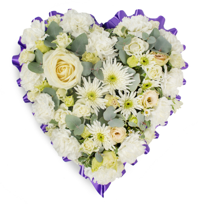 This image shows a carefully composed, heart-shaped funeral tribute positioned against a stark white background, the clarity of the setting allowing every detail of the design to stand out, much like a thoughtfully arranged display in a Tufnell Park florist's window. The heart is densely filled with an abundance of white and cream blooms, so compactly arranged that the surface appears almost like a soft floral tapestry. At its core lies a single, creamy white rose, perfectly centred and delicately unfurling, symbolising a cherished life at the heart of family and friends. Radiating outward from this focal rose, clusters of white carnations provide lush softness with their ruffled, almost feathery petals, while fine-petalled chrysanthemums and daisy-like flowers punctuate the design with crisp starbursts of texture. Small spray roses and buds in tones of ivory, gentle cream, and the palest suggestion of lemon are tucked between the larger flowers, adding layers of visual interest and the feeling of a bouquet that has been built with time and care. Slender stems of silvery-green eucalyptus are interspersed throughout, their rounded leaves offering cool colour contrast and a hint of natural movement, echoing the greenery found around the residential streets leading to Tufnell Park station. Around the entire heart, a rich purple ribbon forms a pronounced, scalloped border, neatly pleated to create a decorative frame that outlines the shape clearly and adds a dignified, almost ceremonial touch. The interplay between the tranquil whites and the deep violet edging makes this piece particularly suited to funeral tributes and remembrance services across North London, conveying peace, respect, and a profound sense of farewell.