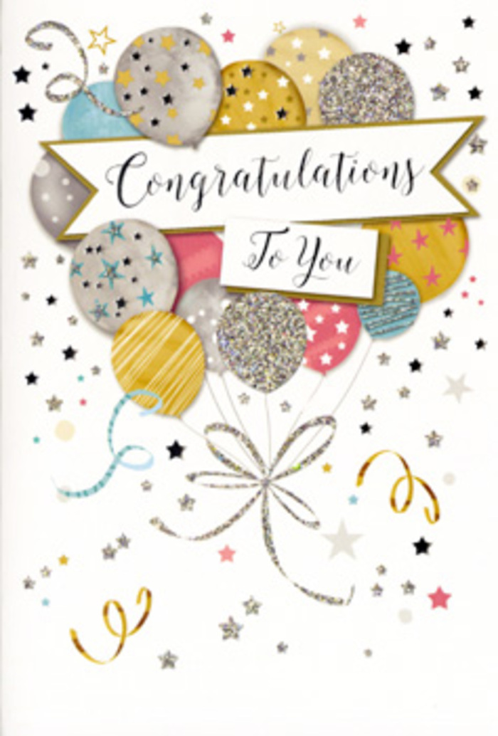 The card in this image captures the look of a miniature celebration, as if a festive moment from Tufnell Park's community spirit had been distilled into paper and ink. Centred on the front is a generous arrangement of illustrated balloons, layered to create depth and movement. They appear in soft metallic tones-brushed gold, muted silver, creamy champagne, pastel sky blue, blush pink, and a hint of dove grey-all harmonising in a refined, modern palette. Each balloon is adorned with its own decorative detail: petite stars scattered across the surface, slender stripes running vertically, or subtle glitter-like highlights that suggest a gentle shimmer, similar to party lights reflecting in a window on Lady Margaret Road. These balloons are gathered together by flowing strings drawn in shimmering gold and silver, their lines twisting and crossing with a calligraphic grace. A gently arched banner stretches across the centre, supporting the words Congratulations To You in elegant script that feels both celebratory and heartfelt. Around this central motif, tiny stars, swirling ribbons, and specks of confetti float across a pale, uncluttered background, adding an airy sense of movement, like confetti caught in a breeze near Tufnell Park's leafy side streets. The design feels sophisticated yet full of joy-perfect for milestones such as graduations, promotions, or personal achievements. As a florist used to pairing cards like this with hand-tied bouquets for homes around Kentish Town and Archway, I see this card as the sparkling finishing touch that conveys pride, admiration, and genuine happiness for the person you're celebrating.