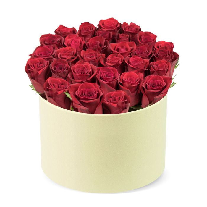 A lush, high-end display of romance, this dozen-plus or more deeply crimson roses are densely packed into a round, elegant cylinder of a box in pale cream with a smooth matte finish. The blooms sit tightly together, their petals unfurling into a glossy, velvety dome that rises just above the rim, with subtle dark green foliage peeking through for a natural accent. The box itself provides a soft, luxurious backdrop that makes the red glow of the roses feel even more vibrant, set against a crisp white background. Viewed from a slightly elevated, three-quarter angle, the composition reads as a premium, gift-ready arrangement, perfect for intimate celebrations or grand gestures alike. The piece embodies love, devotion, and celebration, a refined choice for Valentine's Day, anniversaries, or a romantic birthday. Created by Flowers Tufnell Park, it speaks to the craft of a local florist who understands the pace of North London life-from Kentish Town's markets to Gospel Oak's leafy streets. It's also available for same-day delivery across Tufnell Park and nearby areas, delivering both beauty and a thoughtful touch to the doorstep.