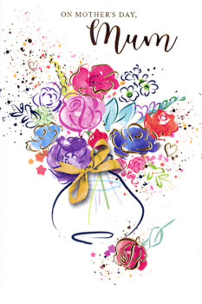 The Mother's Day card illustration presents a lively, painterly bouquet that seems to bloom right out of the page, reminiscent of a sketch a local florist in Tufnell Park might create while planning a special arrangement. Layered petals in hot pink, cerise, and soft raspberry mingle with accents of apricot and touches of chartreuse green, creating a dance of colour that feels both carefree and intentional. Deep indigo outlines provide a graceful structure to the flowers and leaves, guiding the eye from blossom to blossom without making the artwork feel rigid. Fine golden lines and tiny gilded flecks kiss the edges of petals, recalling the warm glimmer of sunlight over the rooftops near Tufnell Park station at the end of the day. The bouquet is cradled in a whimsical vase painted in cool, misty washes of blue and lavender, its rounded shape grounded by a delicate golden bow tied neatly at the base. Around the central arrangement, small hearts, soft splashes, and speckled dots of colour scatter across the white background like confetti, echoing the sense of celebration that accompanies Mother's Day bouquets being delivered to homes along Fortess Road and Brecknock Road. The card's composition balances exuberance with tenderness: every stroke suggests affection, gratitude, and the layered emotions that come with saying thank you to a mum. It feels less like a strict botanical study and more like a cherished memory-vibrant, slightly whimsical, and full of love that lingers long after the flowers themselves would fade.