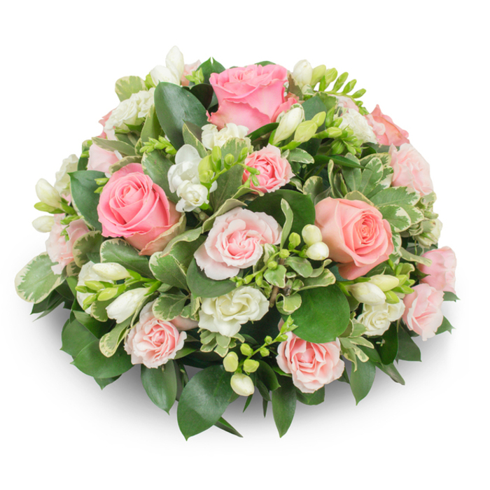Set against a stark white surface, this domed, cushion-like arrangement brings together soft pink roses and immaculate white freesia in a dense, meticulously balanced composition that feels both formal and tender. The focal pink roses range from large, fully opened blossoms with layered, velvety petals to petite spray roses whose compact clusters introduce rhythm and depth; tones travel from pale blush to a warmer, coral-tinged pink, creating gentle shading across the surface. Peppering the roses are neat clusters of white freesia - some blossoms splayed open to reveal faint yellow stamens, others held as elongated buds - contributing vertical texture and a whisper of fragrance. Dense, glossy greens underpin the florals: substantial dark leaves give the piece structure while variegated foliage with cream-edged margins lifts the overall brightness and provides delicate patterning. No stems intrude on the silhouette, reinforcing the arrangement's refined, finished look and the florist's attention to detail. The photograph's natural light sculpts the petals and highlights the soft transitions between pink and white, evoking a peaceful mood suitable for remembrance, a memorial table, or an elegant bedside tribute. As a local florist familiar with Tufnell Park and its neighbouring streets, I imagine this piece arriving at a Dartmouth Park residence or placed near the leafy lanes off Tufnell Park Road, carrying with it a simple message of comfort and grace. The overall effect is understated, tactile, and quietly consolatory.