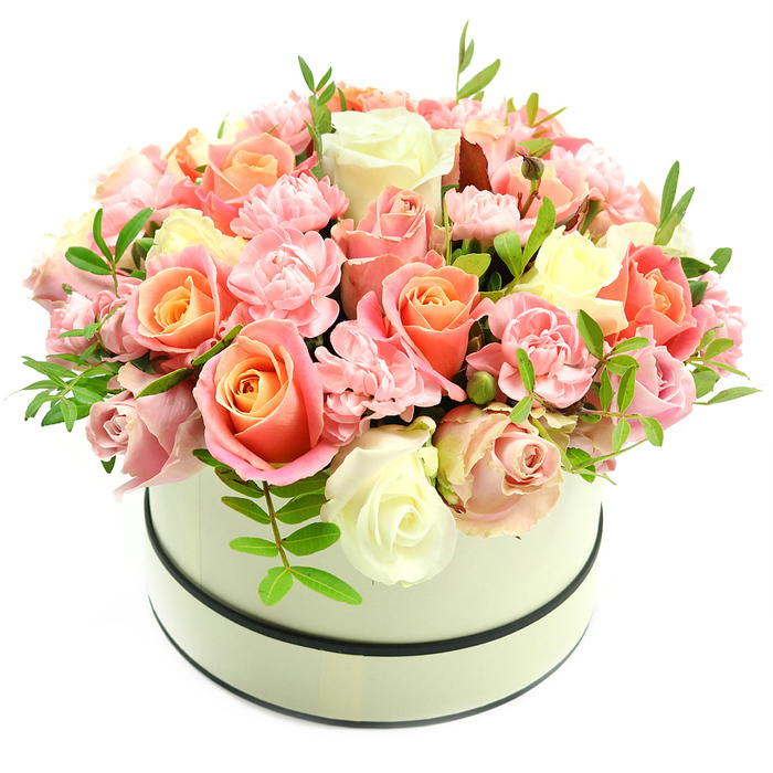A meticulously composed floral gift presented in a round, pale cream hatbox with a subtle matte finish and two narrow dark bands-one riming the top and another close to the base-creating a refined frame for the blooms. The presentation is densely packed into a classic domed silhouette: dominant roses range from warm coral-peach and apricot at their centres through graduated shades of blush pink to soft ivory at the petal edges, while smaller, frilly light-pink carnations fill the interstices with delicate texture. Occasional bright green foliage peeks through, its slim leaves offering a crisp contrast and reinforcing the sense of freshness. The photograph's clean white background and soft, even light emphasise both the bouquet's rich colour transitions and the velvety surface of each petal, highlighting the careful craftsmanship behind the arrangement. The scene suggests the fragrance of gentle rose and a faint, green freshness - a comforting, powdery scent that complements the visual warmth. This luxurious yet restrained composition is intended as a thoughtful choice for romantic occasions, birthdays, Mother's Day, or as a refined gesture of thanks or sympathy. As a local floral designer familiar with Tufnell Park and nearby Kentish Town, I would recommend this box for doorstep delivery along Fortess Road or as a centrepiece for a small celebration at home, where its soft palette will harmonise with understated interiors.