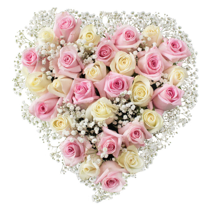 At the heart of this image lies a luxurious floral arrangement, its shape drafted in a perfectly proportioned heart, hand-built by Tufnell Park florists who understand the elegance of classic designs. A harmonious blend of around thirty delicate roses-shifting in shade from light pastel pink to a gentle, creamy white-creates a lyrical balance. Each rose is captured at its most expressive: some just opening with promise, others unfurled into full, velvety bloom. Between them, flecks of luminous white baby's breath (Gypsophila) meander, providing a cloud-like fill that softens and brightens the composition. The careful positioning of every blossom and sprig suggests the practiced touch of local floral artisans, perhaps inspired by the tranquil gardens of Tufnell Park or the welcoming spirit of nearby Dartmouth Park. Illuminated by a clear, diffuse light, the bouquet's soft colours appear luminous, underscoring the purity of intention behind this love-laden tribute. As a symbol, the heart shape transcends occasion-here, it expresses comfort in times of loss, deep appreciation on anniversaries, or heartfelt connection on special days remembered by families across Tufnell Park. This arrangement, available for local delivery, embodies the gentle compassion and skilled artistry of community florists.