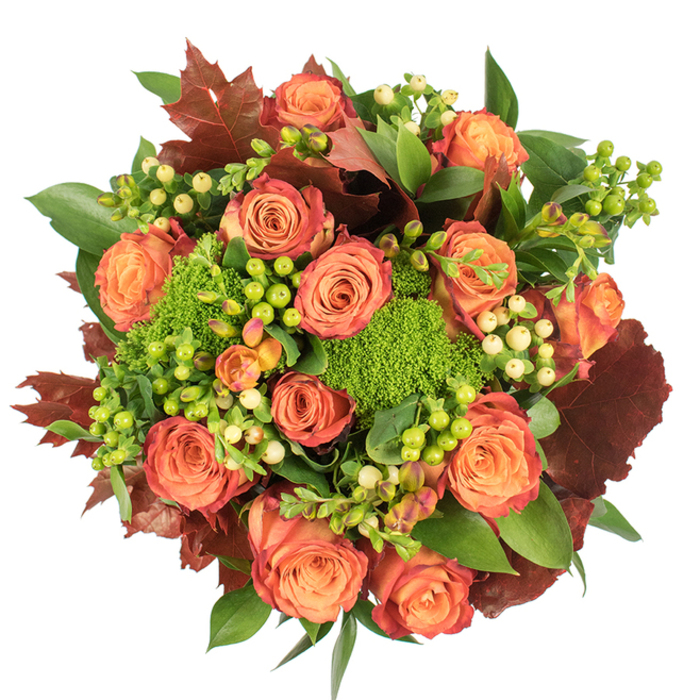 This top-down view presents a densely packed, circular bouquet that feels like a pocket of autumn captured in bloom. A chorus of fully opened roses dominates the centre, their petals moving from a tender warm peach in the core to stronger coral and russet at the outer edges, sometimes tinged with a subtle reddish-rust that gives each blossom a painterly depth. Nestled among these are tight clusters of Hypericum berries-some bright lime, others a muted cream-yellow-that act like tiny, glossy accents across the composition. The design is texturally rich: green trick dianthus appears in moss-like clumps, offering a plush, almost vegetal counterpoint to the smooth roses, while broad glossy foliage forms a verdant canvas beneath. Prominent lobed leaves in deep burgundy and burnt orange are artfully placed throughout, their autumnal tones reinforcing the seasonal story and adding a slightly rustic, park-walk feel as if leaves had been gathered from a nearby green. The lighting is soft and diffused, revealing the velvety rose surfaces and the slick sheen of berries without harsh shadows, and the whole piece exhales a gentle, grounding scent-honeyed rose mingled with green, earthy undertones. Intimate yet abundant, the bouquet is suited to a variety of autumnal uses: a Thanksgiving table centrepiece, a comforting gift for a loved one, or an elegant seasonal accent for a cosy flat near Junction Road or the high street. Its harmony of colour, texture, and scent speaks of careful floral craftsmanship and the comforting rhythms of fall.
