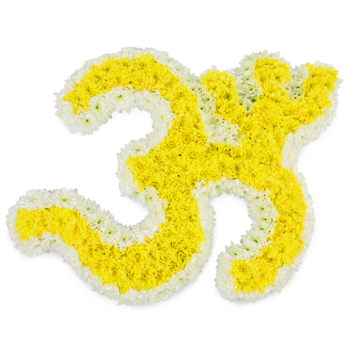 In this image, the sacred Om symbol is brought to life entirely through flowers, transforming a spiritual icon into a tangible, fragrant tribute. Set against a smooth, brilliant white background, the symbol appears to almost hover, its contours clearly defined by the artist's meticulous attention to every petal. The broad strokes and gentle loops of the Om are filled with a dense carpet of bright yellow blooms, likely miniature chrysanthemums or marigolds, their rounded heads nestling tightly together to create a plush, uniform surface. The yellow is rich but not harsh, reminiscent of soft morning light spilling over the houses of Tufnell Park, evoking warmth, hope, and a quiet, uplifting energy. Around the edge of each curve runs a narrow yet distinct border of white flowers, their petals slightly more open, adding a delicate frill that sharpens the outline and introduces a feeling of purity and peace. The layering of colours-yellow at the heart, white as a halo-gives the piece depth and dimension, as though the Om were gently rising from the background. The small dot of the symbol, positioned at the upper right, is formed with equal care, mirroring the precise script seen in temples and devotional art. Though the composition is still and uncluttered, it carries a powerful emotional weight, suggesting prayer, meditation, and farewell. One can envision this floral Om placed beside a casket, on a low stand near a family gathering, or in a quiet corner of a crematorium chapel serving the Tufnell Park community, where its serene presence offers comfort, spiritual connection, and a tender way to honour a cherished life.