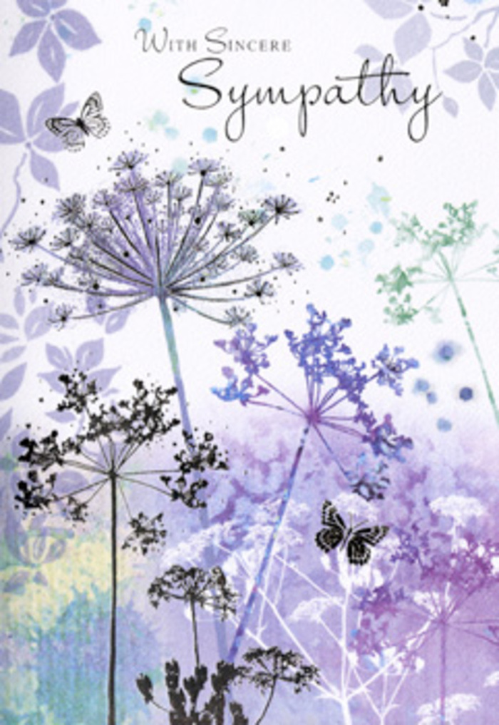 This sympathy card presents a contemplative landscape in miniature, like a fleeting glimpse of wild growth along a quiet path near Tufnell Park station when the air is cool and still. Tall, slender stalks of umbelliferous blooms stretch upward, their fine stems painted in soft, silvery greens and muted lavender tones. Each flower head is articulated with a filigree of tiny dots and strokes, creating a veil of lacy clusters that feel both delicate and enduring, much like the small pockets of wildness you notice between terraced gardens off Junction Road. Behind the flowers, a wash of layered watercolour moves from pale violet to smoky blue and faint sage, suggesting a hazy sky just after rain, when colours soften and edges blur. Two or three butterflies drift quietly among the stems, rendered with translucent wings that barely disturb the calm; they seem to float, symbols of gentle transformation and the subtle presence of those we miss. The overall light is subdued and even, with no harsh shadows, as if the scene is wrapped in the quiet that follows a heartfelt conversation. As a local florist serving families across Tufnell Park and the neighbouring streets of Archway and Kentish Town, I recognise how this design reflects the comfort of our close-knit community: understated, thoughtful, and respectful of grief. The composition is carefully balanced, the flowers spaced so that the eye can rest between them, echoing the pauses that come when we search for the right words. In this card, the combination of cool colours, graceful forms and gently drifting butterflies offers more than an illustration; it feels like a soft-spoken companion for moments when comfort needs to arrive in a tender, unobtrusive way.