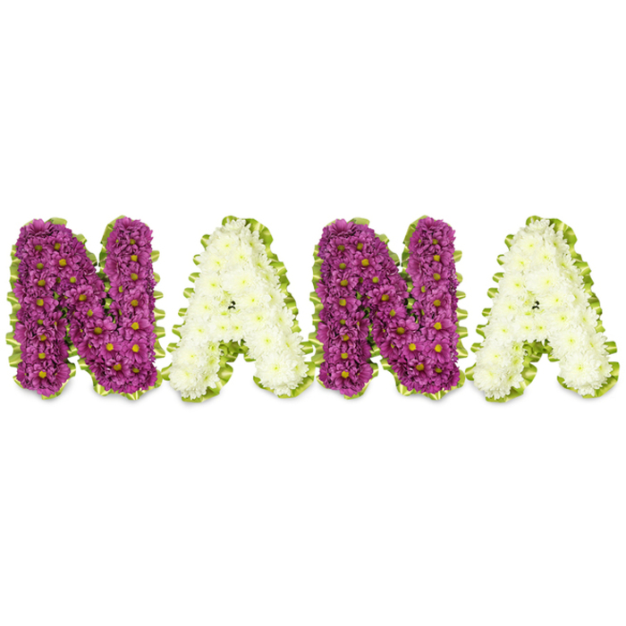 Set against a bright white background, this bespoke memorial spelling NANA is a study in contrast and texture, every letter built from a dense constellation of small chrysanthemum heads. The opening N is rendered in a saturated magenta-to-plum range, each flower's tightly coiled petals forming a plush, sculptural plane with tiny yellow centres that give the letter depth and life. Beside it, the first A is fashioned from pristine cream or soft white chrysanthemums, their softer tone creating a gentle, serene pause before the pattern repeats with a second purple N and a final white A. A vivid lime-green edging-pleated ribbon or neatly arranged foliage-traces the contours of each character, its sinuous outline both framing and lifting the floral mass into clearer relief. The arrangement reads boldly from across a room yet rewards close inspection: you can almost sense the powdery, faintly green fragrance of the blooms and feel the layered petal texture under a careful finger. The overall mood is quiet and reverent, suited to funeral chapels, memorial services, or remembrance tables in family homes across Tufnell Park, Dartmouth Park Hill, and nearby Camden streets. Lighting is even and natural, emphasising tonal contrast without harsh shadow, and the careful construction shows an experienced hand-flowers selected for uniform size, colours matched, and borders clipped for a crisp finish. This personalised floral tribute is intended to honour a cherished grandmother with clarity and grace, combining traditional sympathy form with the local craftsmanship Tufnell Park families rely upon.