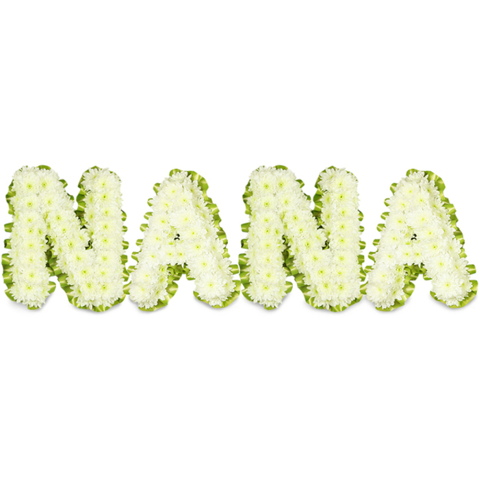 Displayed against a stark white background, a personalised floral tribute spells the word NANA in large, three-dimensional letters crafted from hundreds of small white chrysanthemums. Each bloom is placed tightly next to its neighbour so the letters read as solid, pillowy forms with a subtle, tactile texture; at arm's length you can picture the individual petals and the tiny centres that introduce faint, warm shadows and a natural tonality to the otherwise pristine white. A fresh, bright green trim encircles each character-arranged foliage or pleated ribbon-like greenery that follows the letter edges precisely, providing a crisp contrast that defines the typography and makes it legible at a distance. The lighting is even and bright, revealing the three-dimensional structure of the work and the careful layering of flowers; light skims the rounded tops and drops into the hollows between clusters, giving a sense of depth and quiet dignity. The overall impression is one of thoughtful memorialisation: soft white suggests reverence and calm, while the green border hints at renewal and the continuity of memory. As a florist who has prepared similar tributes for services close to Dartmouth Park or gatherings near Highgate and Kentish Town, I recognise this as a classic choice for honouring a grandmother - understated yet profoundly personal. The craftsmanship is visible in the neat finish: securely wired blooms, uniform height, and foliage trimmed to a sharp, sustaining line that preserves both shape and sentiment for viewing at funerals or commemorations.