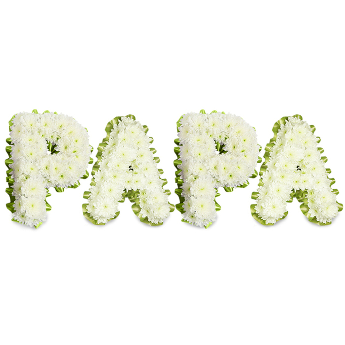 A carefully composed floral tribute spelling PAPA in capital letters, each character formed from densely packed white chrysanthemums whose small, ruffled petals give the letters a soft, textured surface. The arrangement is placed against a stark white background, which heightens the purity of the blooms and allows their subtle shadows and contours to show clearly. A narrow pleated band of pale green ribbon or a fine line of foliage outlines each letter, the gentle chartreuse tone lending definition and a fresh contrast that keeps the composition from feeling flat. The letters lie in a neat horizontal row, evenly spaced and slightly domed, evidence of deliberate handwork: each spray is wired and secured so the line remains clean while keeping an organic, tactile quality. This piece is traditionally chosen as a sympathy or memorial tribute-appropriate for a father, grandfather, or paternal figure-and would sit with reserve at a funeral or remembrance service in Tufnell Park or nearby communities like Kentish Town and Holloway. The effect is both intimate and formal: the personal address PAPA softens the ceremonial presentation, while the white chrysanthemums convey purity, peace, and reverence. As a florist who often prepares personalised memorials for local families, I consider lighting, scent, and transport: photographed here in soft studio light to preserve the natural white of the blooms, the tribute is designed to arrive at services looking composed and dignified, a calm emblem of lasting respect and familial love.
