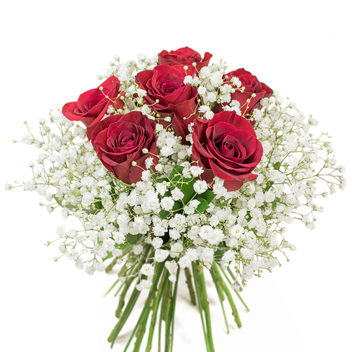 From a florist's vantage this arrangement reads as a study in contrast and harmony: around eighteen to twenty lush red roses, each with softly cupped, fully opened petals in a deep, luminous crimson, are encircled by frothy sprays of white baby's breath that lighten and lift the composition. The roses sit closely together in a rounded, compact form so the eye travels across layered velvet petals before resting in the airy halos of gypsophila; the tiny white blooms act as a whispering counterpoint, their fine texture creating a halo effect that both frames and softens every red bloom. The vase is clear glass, allowing a view into the neat, verdant stems beneath-freshly trimmed and organized to support the full dome above-while the white background removes distraction so colour and form become the focus. Light skims the petals, revealing subtle variations of hue from richest ruby at the centre to softer crimson at the petal edges, and if one imagines it near the window of a Tufnell Park sitting room, a gentle rose scent would mingle with the cool air from the street. This bouquet is quietly formal yet warmly intimate, ideal for anniversaries, romantic gestures, or as a distinguished birthday gift; it carries the craft of local floristry-attention to proportion, texture, and scent-that people in Tufnell Park often seek when choosing a meaningful floral message.