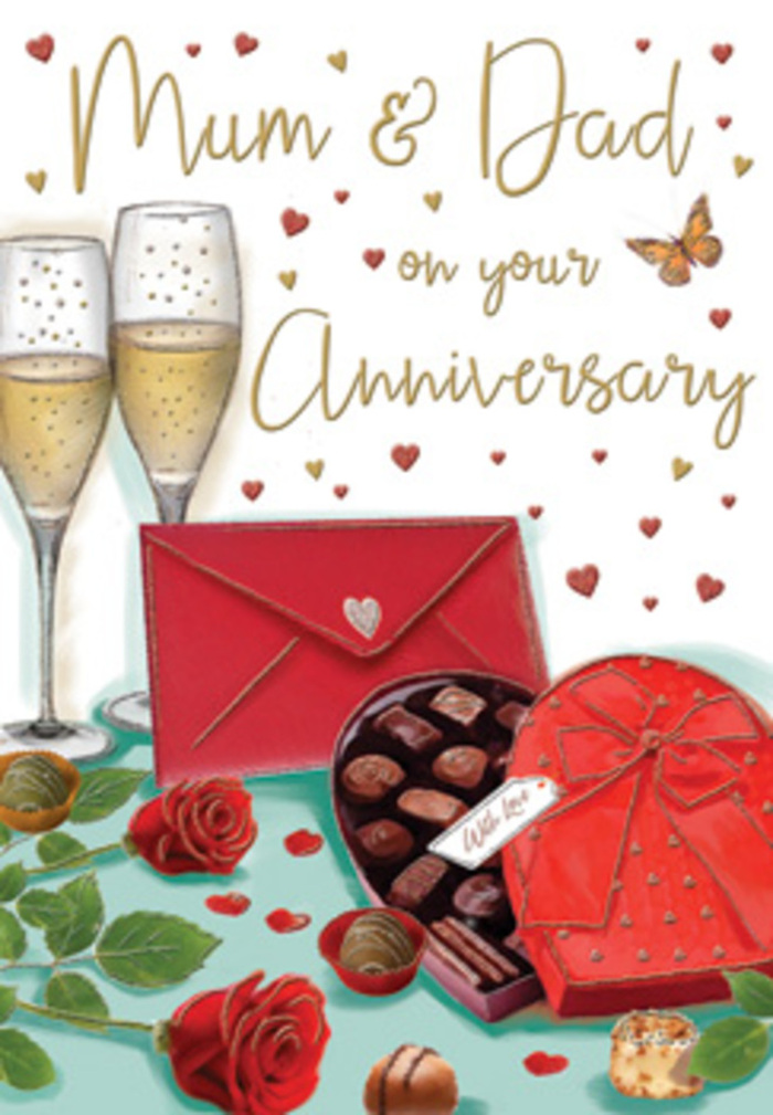 The anniversary card design is arranged like an intimate celebration scene, as though set on a dining table in a quiet Tufnell Park terrace after a special meal. Two elegant champagne flutes rise at the back, their tall, slender stems catching soft reflections of warm light. Each glass is filled with sparkling golden champagne, delicate bubbles suspended as they climb towards the rim, evoking the gentle sound of a toast between long-time partners. In front of them rests a heart-shaped box of chocolates, richly red and slightly curved, tied with a wide satin bow in matching scarlet tones. The bow's loops and trailing ribbon sit with a soft, luxurious sheen, emphasising the sense of thoughtfulness behind the gift. The lid is open, revealing a tempting selection of chocolates, each piece carefully nestled in its own little compartment. A few chocolates lie scattered nearby, as if chosen and savoured slowly. To one side, two velvety red roses are placed on the tabletop, their petals lush and layered, with deep green leaves adding a fresh, natural frame. They look like they have just been selected by a skilled florist familiar with Tufnell Park's local tastes, the kind of flowers chosen to say thank you for all these years. A bright red envelope, sealed and neatly positioned, suggests a handwritten love note or a message for Mum & Dad, brimming with private sentiments. Surrounding the scene, tiny golden and crimson hearts float across a pale backdrop, casting a whimsical, romantic air over the composition, like memories drifting through a family home. The entire card radiates warmth, gratitude, and the comforting joy of an anniversary celebrated in familiar surroundings.