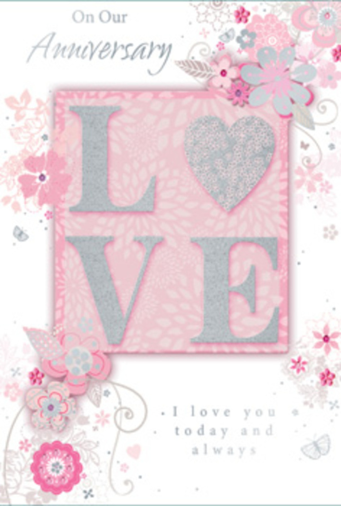 This anniversary card is portrayed as if lying flat on a table by a sunny Tufnell Park window, its design radiating a gentle warmth created by layers of blush pink, creamy white, and delicate silver. At the heart of the composition, the word LOVE stands proudly in textured, raised letters, each stroke dusted with soft glitter that appears almost frosted rather than flashy. The surface looks pleasantly tactile, similar to running your fingers over ribbon or embossed paper when selecting a special bouquet from a florist near Tufnell Park Fields. The letters sit within a subtle rectangular panel of deeper blush pink, which in turn rests on a lighter pink background washed with faint gradients, giving depth without any hard edges. Framing this central motif, a cascade of hand-drawn blooms, buds, and slender leaves unfurls along the edges of the card. Their petals are sketched with fine, graceful lines and shaded in pale pinks, soft whites, and tiny silver highlights, echoing the lightness of gypsophila and early spring blossoms. Wispy tendrils and delicate flourishes curl around the flowers, and if you look closely, you can see tiny butterfly-like shapes suggested among the swirls, evoking the quiet flutter of excitement that comes with another anniversary shared. The message, written in an understated yet elegant script near the lower section, speaks of enduring affection and gratitude, like a personal note tucked into a bouquet delivered to a home off Lady Somerset Road. The overall mood of the image is serene, intimate, and deeply romantic, a paper echo of a hand-tied arrangement created for a couple celebrating years of life together in Tufnell Park.