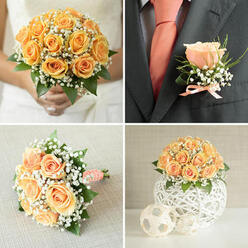 This collage conveys a cohesive wedding palette of warm peach and soft orange blooms, accented by cloud-like gypsophila and verdant greenery - a look we craft often at Flowers Tufnell Park for couples marrying close to Tufnell Park Road or Junction Road. In the top-left image the bride holds a compact, rounded bouquet of apricot-peach roses; each bloom opens like a small cup, layered with petals that catch a soft morning glow. Clusters of tiny white baby's breath float through the arrangement, breaking the colour with a delicate halo effect, while fresh ruscus leaves add structure and a cool green contrast. The top-right frame focuses on a groom's dark charcoal or navy jacket with a single peach rose boutonnière, its bud-shaped form wrapped by slender sprigs of gypsophila and a subtle curl of foliage, finished with a petite peach ribbon bow that ties into a coral-colored tie and pristine white shirt beneath. Lower-left, the same bouquet rests on a gently textured linen surface, the handle neatly bound in a white ribbon printed with faint peach dots and secured with pearl-tipped pins - a tactile finish that feels elegant in the hand. Bottom-right shows a ceremony or reception centerpiece: a full, domed mass of peach roses and airy gypsophila sitting in a white woven globe, paired with two smaller woven decorative spheres to create a softly modern table vignette. The overall effect is intimate and timeless, with a light, sweet fragrance and a craftsmanship suited for small venues across Tufnell Park, Kentish Town, and nearby Dartmouth Park, available for careful local delivery when needed.