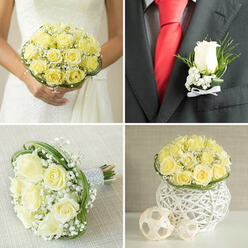 Pinned neatly to a dark suit jacket, this boutonnière glows as a small but deeply meaningful detail, the kind of finishing touch a groom might wear to a Tufnell Park ceremony overlooking leafy streets and brick terraces. At its heart is a single pale yellow rose, perfectly formed and velvety, its petals curling open with quiet confidence. Around it, delicate stems of baby's breath spread like a soft white mist, while slender green sprigs add a crisp, fresh contrast against the smart black lapel. The boutonnière sits beside a vivid red tie, and the colour harmony feels deliberate: the warm yellow of the rose gently tempering the boldness of red, suggesting calm affection within all the excitement of the day. A slim white ribbon binds the stems, its satin finish giving a subtle sheen that catches the light, not unlike afternoon sun slipping across the platforms at Tufnell Park station. Up close, you can imagine the texture: the plush rose, the feathery gypsophila, the smooth lapel fabric beneath your fingertips. It's crafted to feel light yet secure, something the wearer can forget is there until a congratulatory hug releases a hint of rose fragrance. This boutonnière is more than a floral accessory; it's a small symbol of commitment, thoughtfully arranged for a wedding that might unfold in a local church or registry office, then spill out into the cafés and pubs around Fortess Road, carrying its quiet elegance through every moment.
