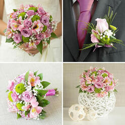 A coordinated quartet of wedding flowers is arranged in a four-panel collage, telling the story of one romantic colour palette in different forms, as if styled for a celebration near Tufnell Park's leafy streets. The upper-left panel focuses on a bride in a white lace gown, visible from the shoulders down, holding a lush, rounded bouquet. Her flowers are a generous mix of light pink and lavender roses, some just unfurling, others fully open, layered with bright green button chrysanthemums, delicate pink alstroemeria streaked with soft yellow, and airy sprays of white baby's breath, all cushioned by deep green foliage. In the upper-right, the camera moves to the groom: a dark charcoal suit and bold fuchsia tie provide a crisp backdrop for a refined boutonniere. This small yet detailed piece echoes the main bouquet with a single blush pink rosebud, miniature green chrysanthemums, fine threads of gypsophila, and a flick of narrow green grass, neatly wrapped in a pink ribbon that matches the tie. The lower-left panel shows a similar bouquet lying horizontally on a light beige, textured cloth, giving a clear look at the carefully spiralled stems bound in bright fuchsia ribbon and the harmonious blend of blooms, as if waiting to be carried down a quiet aisle in a Tufnell Park venue. Finally, the lower-right panel presents a compact centerpiece on a white surface: a dome of pink and lavender roses, vivid green chrysanthemums, pink alstroemeria, and clouds of baby's breath, nestled in a white, woven-look spherical vase. Two small decorative spheres sit beside it, reinforcing the soft, modern, and coordinated wedding theme.