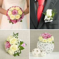 This four-part collage presents a harmonious set of wedding flowers, each panel capturing a different detail in a soft, refined palette that would feel at home in an elegant Tufnell Park celebration. In the top left, a bride is pictured from the shoulders down, her white gown featuring subtle lace along the bodice that catches the light. She holds a rounded, closely packed bouquet made almost entirely of roses: creamy and pale yellow blooms are interwoven with rich pink and mauve roses, creating a gentle colour gradient. Tiny tufts of white baby's breath and small flashes of green foliage peek between the petals, giving the bouquet freshness without disturbing its symmetrical, classic shape. It feels both luxurious and understated, like a quiet walk through nearby Hampstead Heath on a clear morning. The top right panel zooms in on the groom's boutonniere pinned to a dark grey suit jacket. A crisp white shirt forms a clean backdrop for a vivid red silk tie, while at the lapel a single, immaculate white rosebud is framed by a collar of baby's breath and a sliver of greenery. A slim white satin bow binds the stems, finishing the piece with a precise, tailored look that mirrors the formality of the suit. At the bottom left, a smaller bouquet or bridesmaid's posy rests on a lightly textured beige linen surface. Cream and pale yellow roses open alongside brighter pink roses, with clouds of baby's breath and relaxed green leaves giving the arrangement an airier, more informal feel. The stems are neatly wrapped in a pink and white striped ribbon, which suggests a personal, handcrafted touch you might expect from a local studio such as Flowers Tufnell Park serving nearby streets and family venues. In the bottom right, a coordinating rose arrangement is shaped into a compact dome, set atop a distinctive white spherical vase made from interlaced twigs. Two smaller woven spheres sit beside it on a white surface, all against a muted beige background, evoking a chic, natural centrepiece ideal for reception tables in converted North London warehouses or intimate Tufnell Park restaurants. The collage as a whole showcases the continuity of colour, flower choice, and design from bouquet to buttonhole and table décor.
