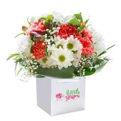 A sunny expanse of white forms the stage for this exuberant bouquet, artfully arranged within a pristine square carry bag. Peach and coral pink carnations bloom with generous, ruffled petals, each stem radiating energy and a gentle, clove-like fragrance. Spaced between them, crisp daisy blooms glow with pure white petals and vibrant lime-yellow centres, bringing a cheerful, springlike quality to the ensemble. Wisps of baby's breath drift throughout, their tiny blossoms catching the light and lending an airy softness that draws the eye across the bouquet. Subtle hints of purple-tinted buds nestle among the foliage, suggesting promise and depth. Lush, glossy greenery wraps elegantly at the base, providing contrast and definition, and summoning the feeling of wild blooms gathered fresh from a Tufnell Park garden after a rain. The bag's tidy shape and bold ribbon handles make it perfectly suited for gifting-a reminder of celebrations along Brecknock Road, spontaneous thank-yous, or warm welcomes in the heart of Tufnell Park. Every detail treasures the bouquet's freshness, echoing the community's love for locally crafted, artful floristry.