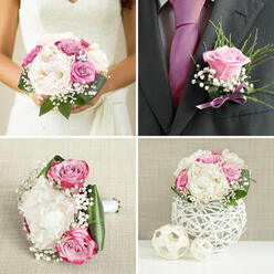 The groom's boutonnière is shown as a refined little echo of the bridal bouquet, crafted with the same care a Tufnell Park florist might give to a final flourish before the walk to the church or registry office. At its heart sits a single rose in a soft lilac tone, its petals polished and gently cupped, suggesting quiet confidence rather than showiness. Around it, a light collar of feathery greenery and delicate gypsophila softens the edges, creating a buffer of texture that makes the rose feel cradled rather than isolated. Tiny white blossoms sit like little clouds, adding airiness and movement. The stems are wrapped neatly in a slender lavender ribbon, tied with precision so that the knot lies flat and elegant, ready to pin against a lapel. The ribbon has a subtle sheen that catches the light, hinting at the same pastel palette carried in the bride's bouquet - blush, cream, touches of magenta, and gentle lavender tones. You can almost imagine this boutonnière being carefully pinned in a townhouse off Brecknock Road before the couple head out towards Tufnell Park station, feeling the day truly begin. The scale is intimate and purposeful: small enough not to overwhelm a suit, yet detailed enough to show that thought and love have gone into every choice of flower and foliage. The overall impression is one of considered artistry, a fragrant token designed to mirror the joy of the celebration and to link the groom visually and emotionally to the blooms in his partner's hands.