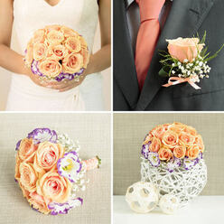 This four-panel wedding montage reads like a small, intimate story of floral harmony played out across bridal and groom's details in Tufnell Park. The bridal bouquet, shown close-up in the top-left, is a compact, rounded composition built from pale peach roses at its heart; each rose's velvety curve catches the morning light filtering through a nearby sash window, while purple-edged white lisianthus weave a playful, romantic braid around the central blooms. Baby's breath is dotted throughout, lending a weightless, cloudlike texture that lifts the composition and softens contrasts. The top-right panel focuses on the groom's boutonniere pinned to a dark charcoal jacket: a single peach rose mirrored from the bouquet, paired with fine green sprigs and tiny white blossoms, bound with a slim peach ribbon that complements a solid peach tie beneath the lapel - a small, refined echo of the bride's palette. The bottom-left shows a smaller hand-tied version laid on a light, textured fabric, its handle wrapped in blush ribbon and secured with pearl-headed pins that add a subtle vintage gleam; this intimate piece could serve as a bridesmaid bouquet or a toss bouquet placed on the dresser before departure. Bottom-right features a reception centerpiece in a white, open-weave basket vase; the rounded dome of peach roses, lisianthus and baby's breath sits with two pale woven spheres, creating a soft, airy table vignette ideal for a riverside or community-hall wedding not far from Dartmouth Park. The overall effect is elegant, quietly joyful, and unmistakably crafted by a florist who understands how colour and texture carry emotion on a wedding day.