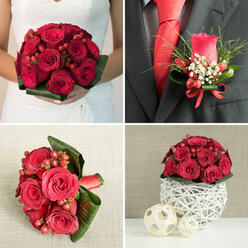 This four-image collage portrays a harmoniously styled red rose wedding collection, the kind of coordinated design often requested by couples marrying around Tufnell Park and the leafy streets leading to Dartmouth Park. In the top-left panel, a bride in a softly textured white dress holds a beautifully compact red bridal bouquet at mid-torso. The arrangement is almost perfectly round, filled with tightly clustered deep crimson roses and plump red hypericum berries, all resting on a precise ring of rich green foliage that gives the bouquet a finished, couture look. Top-right, the groom's boutonniere is shown in close-up on a dark charcoal suit jacket: a single red rosebud framed by slender green leaves, airy sprigs of white gypsophila, and a few tiny red berries, neatly tied with a narrow red satin bow that echoes his vivid red tie and immaculate white shirt. The bottom-left image highlights another red rose bouquet, perhaps for a bridesmaid or the maid of honour. Lush roses and berries are nestled within broad, dark green tropical leaves that are folded and layered into a striking architectural shape, with a red ribbon binding the stems against a warm, woven beige background. The bottom-right panel presents a matching table centerpiece, a rounded cluster of red roses and berries arranged low and tight on a delicate white woven sphere made from natural fibres, flanked by two smaller neutral-toned woven balls. Set against a soft grey and beige wall, this vignette suggests refined reception décor, ideal for a romantic gathering in a Tufnell Park townhouse or a cosy venue just off Fortess Road.