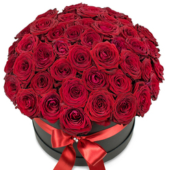 A breathtaking bouquet of premium red roses steals the scene in this image-each bloom meticulously selected by a Tufnell Park florist and gathered into an exquisite, domed arrangement. The roses, numbering in the dozens, boast a velvet texture and a true, passionate red that glows under gentle studio lighting. Some buds remain partially closed, holding secrets inside their tight whorls, while others reveal generous, unfurling petals that soften the crest of the bouquet. This sea of roses is gracefully cradled by a sophisticated matte black hatbox, its sleek finish providing a bold contrast to the drama of the flowers within. A gleaming satin ribbon in rich red twists around the box, its edges glinting as it forms an elegant bow at the front, topped by a delicate cluster of shimmering crystals. The choice of styling evokes the artful charm found along Tufnell Park's Highgate Road flower stands or the understated luxury of a hidden villa blooms. This creation is not simply a gift; it is a sensory experience designed to express lasting love-perfect for anniversaries, declarations of romance, or as an extraordinary surprise for a cherished partner. The image's white background spotlights the rose arrangement, inviting the eye and heart alike to dwell on what it represents: affection, sophistication, and the uniquely thoughtful touch of north London's finest floristry.