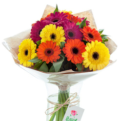 Bright and uplifting, this Gerbera daisy bouquet captures the spirited atmosphere of Tufnell Park, echoing the warmth found along Lady Margaret Road on a sunny day. The arrangement bursts with a harmonious blend of rich magenta, bold orange, and vibrant yellow blooms, each Gerbera meticulously placed so their wine-dark centers are surrounded by a halo of radiant, velvety petals. Intertwined sprigs of lush green foliage peek through, their tactile freshness reminiscent of nearby water meadows and local green spaces. The flowers are encased in a soft layer of earthy brown kraft paper, its subtle grain providing rustic charm, while a transparent cellophane wrap envelopes the bouquet in a glossy embrace, reminiscent of morning dew. Nestled in a pristine, hourglass-shaped glass vase, the gathered stems are visible, reflecting the transparency and honest craftsmanship of Tufnell Park florists. A length of natural twine, tied around the stems within the vase, gives a handmade, thoughtful finish, complemented by a discreet white tag graced with a modern red rose motif and part-hidden text-the understated signature of skilled artisanship. Sunlight filters across the petals, amplifying their brilliance and creating shifting patterns of light and shadow. The composition conjures feelings of celebration, gratitude, and cheerful optimism-perfect for special deliveries to friends on Tufnell Park's leafy streets, or as a centerpiece for family gatherings. Whether marking a milestone or brightening an ordinary afternoon, this arrangement embodies the vibrant pulse and considerate spirit of the local community.