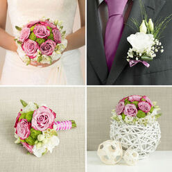 A carefully styled wedding set is shown as if ready to be carried out of a Tufnell Park townhouse: a full, rounded bridal bouquet paired with a refined groom's boutonnière. The bouquet is dominated by mauve-pink roses, each bloom opening in soft spirals, with their blush centres fading to paler edges like a watercolour wash. Between them, bright green button chrysanthemums peek through, compact and spherical, lending a modern, textural contrast to the pastel roses. Creamy white lisianthus and other pale blooms weave delicately through the design, their silky, ruffled petals softening the composition and creating the impression of light drifting through clouds. The bouquet feels classic yet contemporary, with a tidy, dome-shaped silhouette that would suit a chic ceremony near Tufnell Park station or a relaxed reception tucked off Brecknock Road. The stems are gathered tightly and wrapped in a layered ribbon treatment, pink and white satin smoothed neatly along the handle, with the occasional glint of a securing pin catching the light. Soft, natural lighting falls across the flowers, highlighting the subtle sheen on each petal and the crisp freshness of the greenery. Next to the bouquet lies the boutonnière: a single white lisianthus bloom or bud, accented by wisps of airy grasses and a faint trimming of foliage, fastened with a fine lavender ribbon. It feels understated yet intentional, designed to sit cleanly against a suit lapel during vows taken in a North London registry office or local church. Together, these pieces suggest the quiet joy and intimate excitement of a wedding morning in Tufnell Park, crafted with the practiced eye of a florist who understands both romance and restraint.