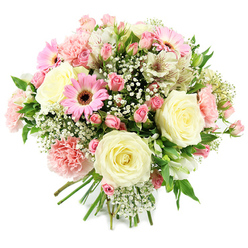 A round, hand-tied bouquet is captured against a pure white backdrop, every flower standing out in clear detail as if resting in soft studio light. Cream and ivory roses form the core of the arrangement, their petals layered in tight, symmetrical whorls that gradually loosen toward the edges, suggesting both refinement and tenderness. Nestled around them are sprays of pink miniature roses, some still in bud with smooth, polished surfaces, others half-open, revealing richer tones at the centre that fade gently toward the outer petals. A few bright pink gerbera daisies, with their signature flat, symmetrical petals and dark, textured centres, punctuate the design with a slightly bolder note, giving the bouquet a joyful, contemporary twist that feels right at home in a modern Tufnell Park townhouse. Pale pink carnations, softly ruffled, add volume and a hint of old-fashioned charm, their petals overlapping like layers of fine tissue. Interspersed white alstroemeria, each blossom bearing subtle russet freckles inside its throat, lends an airy, almost lacy elegance, bridging the warmer pinks and cooler creams. Wisps of white baby's breath thread through the whole bouquet, creating a light, cloudlike halo that softens the strong shapes and draws the eye gently around the composition. Fresh green leaves provide contrast, framing the blossoms without overpowering them, and the visible stems are neatly aligned and bound at the base, signalling careful craftsmanship. The overall effect is one of quiet joy and affectionate warmth, the kind of bouquet chosen in Tufnell Park to welcome a new baby home off Dartmouth Park Hill, offer gentle congratulations, or send a thoughtful gesture of love and gratitude.