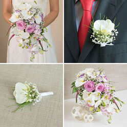 This collage of four wedding images captures a romantically styled floral collection, the kind of coordinated designs often requested by couples marrying around Tufnell Park, with its mix of historic terraces and modern venues. In the top left frame, the camera focuses from the bride's waist down, her white lace gown forming a gentle, textured canvas for a dramatic cascading bouquet. White phalaenopsis orchids arc gracefully forward, their wide, silky petals framing blush pink garden roses, subtle lavender stock blossoms, sprigs of soft white baby's breath, and glossy green leaves. Deeper pink, near-fuchsia, spiky flowers are tucked throughout, adding a confident pop of colour to the otherwise pastel palette. Top right, the groom's boutonniere is pinned to a dark charcoal or black lapel, just above a bold red tie and patterned shirt. The boutonniere is a single immaculate white orchid head, accented by tiny gypsophila and slim green sprigs, its stems bound in a white satin ribbon that catches the light. Bottom left, that same boutonniere is shown lying on a pale beige, linen-like fabric, allowing every curve of the orchid and each bead-like floret of baby's breath to be clearly appreciated, as if placed on a dressing table before being pinned on. Bottom right, a lush table centerpiece mirrors the bridal bouquet, gathered into a white woven cylindrical vase. White orchids and soft pink roses mingle with lavender stock, baby's breath, greenery, and those signature deep pink accents, while two decorative white woven spheres sit beside the vase, creating a cohesive, contemporary tablescape ideal for a reception near Tufnell Park fields or one of the area's intimate gastropubs.