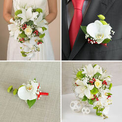 This four-panel collage presents a thoughtfully coordinated wedding flower collection that would feel completely at home at a chic Tufnell Park gathering. The top-left image focuses on a bride cropped from the chest downward, standing against a soft beige background. Her white wedding dress has a subtle texture that contrasts beautifully with the lush cascading bouquet she cradles. The arrangement is dominated by large, white oriental lilies with star-shaped blooms and visible stamens, softened by cascading trails of white Phalaenopsis orchids. At the centre, a single creamy yellow rose glows gently amidst bright green, button-like pompon flowers, small clusters of rich red berries, airy gypsophila, and fine green foliage that drapes and curls to create a fluid waterfall effect. In the top-right panel, a groom or smartly dressed guest wears a dark charcoal suit, crisp white shirt, and vivid red tie. On his lapel sits a coordinating boutonnière: a single white orchid bloom, small green spheres of foliage or flower, and tiny white filler flowers, all artfully bound with a narrow red ribbon. The bottom-left image sets this same boutonnière on a pale beige, linen-textured surface, turning it into a still-life study of smooth orchid petals, glossy green leaf, and satin ribbon. The bottom-right panel shows the full bouquet arranged upright in a white woven basket-style vase, placed on a bright white surface against a light grey wall. Three white, woven decorative spheres nestle nearby, evoking a refined reception table one might find in a townhouse venue near Tufnell Park Fields. Collectively, the images highlight harmonious wedding florals that balance crisp white, vivid green, and romantic red tones.