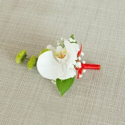 An elegant wedding boutonniere rests against a pale beige, linen-like fabric, the subtle weave of the cloth giving a relaxed, natural backdrop reminiscent of the laid-back charm around Tufnell Park station. At centre stage is a pristine white phalaenopsis orchid, its large, curved petals looking almost porcelain-smooth, as though they've just been unfurled by a careful hand. In the throat of the orchid, gentle yellow tones flow into fine reddish-orange or light brown markings, adding a painterly detail that contrasts beautifully with the cool white petals. Surrounding the orchid, wisps of white baby's breath arc softly outward, their tiny blossoms forming a light, misty frame that softens the overall silhouette. Nestled to the left, two tight, lime-green chrysanthemum buds, rounded and textural, bring in a lively pop of colour and a slightly playful, modern edge, like a splash of green seen through the railings of a Tufnell Park garden square. A broad, rich green leaf supports the main bloom from beneath, its surface smooth and structured, while a darker smaller leaf near the base adds extra depth. The stems are neatly wrapped in a bold crimson red ribbon, the satin finish catching the light and ending in a tidy little knot or bow, lending a touch of drama and celebration. The composition feels calm yet festive, ideal for a groom or groomsman heading to a ceremony in a nearby townhouse or local venue. Floral craftsmanship and attention to detail are evident in the balance of colour, texture, and proportion, creating an accessory that quietly elevates any formal outfit while still feeling personal and intimate to North London life.