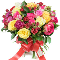 This exuberant bouquet looks like a memory of spring gathered into one abundant hand-tied posy, shown here on a crisp white field that lets every color speak clearly. Bright yellow roses lend a cheerful glow, creamy ivory blooms soften the palette, and a spectrum of pinks - from gentle blush to electric fuchsia and charming pink-and-white bicolour roses - mingle with deep burgundy and romantic red heads. The composition balances scale and movement: large hybrid tea roses open like little suns, smaller clustered spray roses add depth, and tight buds suggest promises yet to blossom. Rich, glossy greenery (probably salal or ruscus) threads through the flowers, giving a cool, woodland underpinning that sets off the warm tones. The stems are bound with a wide, festive red satin ribbon, fashioned into a prominent bow whose long tails flow downwards; a discreet white tag reading Happy Holidays is nestled in the ribbon, adding a seasonal, personal touch. Under soft studio light the petals glisten faintly, and one can almost imagine the clean, slightly citrus scent drifting up - a fragrance that lifts the mood. The overall feeling is celebratory, tender and refined, ideal for marking anniversaries, saying you matter, or bringing a splash of holiday warmth to a Tufnell Park flat or a lakeside bench in nearby Hampstead Heath.