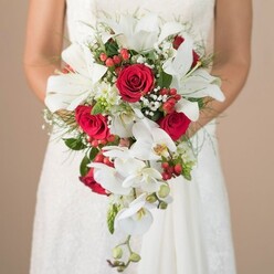 Under the tranquil ambiance of a softly blurred neutral backdrop, a bride in Tufnell Park is seen embracing an elaborate shower bouquet that speaks of love's exuberance and artistry found in local flower stalls by Tufnell Park station. Her elegant white dress, hinting at lace, contrasts beautifully with the bouquet's dramatic cascade: regal white lilies with wide petals, their stamens standing out like gilded filigree, anchor the composition. Around them, full-bloomed red roses exude depth, passion, and classic romance. White phalaenopsis orchids trail through the bouquet, their silky petals and faint yellow centers adding a sense of gentle fluidity. Airy clouds of baby's breath weave between greens both feathery and bold, while the brightness of red hypericum berries introduces a playful dash of color. The bride's softly tanned arms cradle this living tapestry, fragrant with the promise of celebration and togetherness-a bouquet ideal for an intimate ceremony in a local Tufnell Park venue or reception near Hampstead Heath, thoughtfully crafted to reflect the occasion's joy. The bouquet's structure and color echo through every petal and leaf, a timeless floral narrative unfolding in North London.