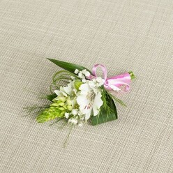 On a pale, linen-like cloth the colour of warm sand, a compact floral boutonniere is carefully arranged, calm and composed yet full of quiet detail. The central flower is a white alstroemeria, its petals softly flared and slightly ruffled at the edges, each one brushed with fine reddish-brown streaks near the centre that draw the eye inward to its stamens. Just to its left sits an intriguing, tapered cluster of vivid lime-green buds, stacked closely together to form a conical spike that contrasts beautifully with the smooth curves of the main bloom. Sprigs of white baby's breath weave between these elements, their tiny, cloud-like blossoms creating a misty halo that softens the strong lines. Around the flowers, broad, deep green leaves provide a secure base, while slender, grass-like fronds extend delicately outward, giving the arrangement a sense of movement, as if caught in a gentle breeze drifting across Tufnell Park Gardens. The stems are bound at the right with a sleek, bright pink satin ribbon, tied into a neat, small bow that introduces a playful note of colour to the otherwise serene white and green palette. Soft, even lighting reveals the natural textures: the satin's subtle sheen, the velvety feel of petals, and the almost waxy smoothness of the unopened buds. It feels like a thoughtfully crafted buttonhole ready to be delivered to a townhouse near Tufnell Park station, destined for a groom, prom date, or special guest who wants a refined, modern floral accent that still carries the romance and sweetness of a classic North London celebration.
