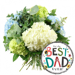 Set against a pure white background, this Father's Day arrangement feels like a moment of celebration frozen in time, carefully composed as if on the workbench of a neighbourhood florist just off Junction Road in Tufnell Park. The eye is first drawn to a generous, rounded bouquet of hydrangeas, their full, dome-like heads clustered closely together. At the heart of the arrangement, creamy white hydrangeas form plush, cloud-like mounds, each tiny floret adding to the rich, cushiony texture. Soft light blue hydrangeas drift in from the left and upper right, their cool tones evoking a gentle calm, like early morning light over nearby Tufnell Park playing fields. Balancing these are bursts of bright lime green hydrangeas, especially prominent along the lower left and right edges, bringing an energetic, modern twist to the classic hydrangea look. Interlaced between the blooms are sprays of silvery eucalyptus and deep green foliage, their rounded leaves and subtle sheen adding depth and a sense of natural movement, as though the bouquet has just been gathered fresh from a garden. The stems extend downward in a loose, elegant bundle, clearly visible and neatly tied to emphasise the hand-tied craftsmanship. Nestled against the lower right of the flowers, a round foil balloon catches the light. It has a crisp white centre bordered by bold black and white stripes, and across the middle, in playful, colourful lettering, the message shouts, "For the BEST DAD EVER!" Each letter is decorated with stripes, polka dots, and bold blocks of colour, surrounded by tiny stars, dots, and a small "No. 1" rosette emblem. The composition radiates affection and gratitude, an ideal choice for a child or partner wanting to send a warm, joyful surprise to Dad in Tufnell Park.