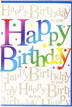 This image features a joyful birthday card propped open slightly, its design brimming with the same upbeat energy as a weekend market stroll near Tufnell Park station. Across the centre, the words "Happy Birthday" stretch in large, easy-to-read letters, each one filled with a smooth rainbow gradient that shifts from warm reds and oranges through lush greens and cool blues to dusky purples. The colours melt into one another like watercolours washed across fine paper, giving the impression of movement and light. The lettering is bold yet friendly, with a rounded style that feels inviting, as if each letter were a colourful balloon floating above a party table. Behind this striking text, the background is alive with delicate golden calligraphy that repeats the phrase "Happy Birthday to you" in a soft, looping script. The gold appears slightly glittered, catching and reflecting the light the way late afternoon sun glows on the brick fronts of homes along Tufnell Park Road. The card's surface has a smooth, almost satin sheen, adding depth to the rainbow hues and allowing the gold script to shimmer subtly without overpowering the main message. Scattered around and between the letters are tiny decorative flecks and star-like hints of colour, creating a sense of confetti and celebration frozen in a single moment. It feels like the sort of card a thoughtful friend might send alongside a flower delivery in Tufnell Park, turning a simple birthday wish into something vibrant, heartfelt, and memorable.