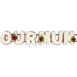 Set against a clean, uninterrupted white background, this "OUR MUM" funeral tribute appears as a serene, floating message of love, the kind of bespoke piece often prepared for services at local churches and crematoria near Tufnell Park. The letters are bold and three-dimensional, yet softened by a blanket of tightly packed white chrysanthemums or similar spray blooms. Each tiny floret overlaps the next, creating a plush, cushion-like texture that suggests peace, innocence, and a gentle farewell. Framing the edges of every capital letter is a meticulous border of deep red flowers, likely spray carnations, forming a continuous ribbon of colour around the pure white centres. This red edging gives clarity and strength to the shapes, while also introducing a warm, heartfelt contrast. Along the back, a dark green frame links the letters, discreet but sturdy, ready to be placed on a stand or hearse for a funeral procession through Tufnell Park's quiet residential streets. Three carefully placed clusters of rich red roses with dark, glossy foliage and sprigs of fern-like greenery add focal points of emotion. One sits between the "O" and the "U", another where the "U" meets the first "M", and the final cluster rests at the outer edge of the last "M", like a closing note of affection. The roses' velvety petals and deep crimson tones speak of enduring love, shared memories, and the depth of a family's bond with their mother. The overall impression is one of dignity and tenderness, a tribute that seems to carry the hush of a final goodbye, perhaps chosen from Flowers Tufnell Park for same-day delivery to a local chapel or cemetery.