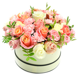 Imagine a plush, rounded bouquet spilling from a simple cream hatbox, the box itself trimmed with two fine, dark bands that frame the composition with quiet precision. This arrangement is built of many layers: at its heart sit large roses opening from coral-peach and warm salmon tones into paler blush and ivory rims, each petal soft and slightly cupped. Between those generous roses nest numerous pale pink carnations, their frilled edges adding a tactile, almost whispery depth that contrasts with the smoother rose faces. Scattered sprigs of fresh green foliage-slender, elongated leaves-give the eye places to rest and hint at the bouquet's freshness. Photographed against a stark white backdrop and bathed in gentle daylight, the colours feel luminous and true to life; the cream box's matte surface absorbs light differently to emphasise the blooms' sheen. The overall impression is one of thoughtful luxury and delicate warmth, a composition that reads as romantic and reassuring. You can almost perceive a soft floral perfume: warm rose and a hint of green, the kind of scent that would drift pleasantly through a flat near Tufnell Park tube on a calm morning. Crafted with careful placement and an eye for harmonious colour, this flower box is perfectly suited to mark anniversaries, birthdays, romantic gestures, or simply to brighten someone's day in Tufnell Park or nearby Archway.