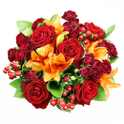 From a top-down view on a clean white surface, this lush, circular bouquet presents a harmonious study of reds, oranges and greens that feels both dramatic and comforting. Dominating the composition are several full, deep-red roses, their velvety petals layered and slightly cupped to reveal rich, shadowed centers that hold the scent of old-fashioned romance. Interwoven with these are fiery orange Asiatic lilies: some petals are fully open, displaying dark speckling and prominent stamens, while others remain in elegant, enfolding buds, giving the piece movement and the promise of unfolding fragrance. Clusters of deep burgundy spray roses thread through the arrangement, their compact blooms providing a plush texture and jewel-like depth that anchors the brighter lilies. Small groups of glossy Hypericum berries-bright ruby-red-catch the light between petals and act as cheerful punctuation points against the foliage. Broad green leaves, resembling ruscus or salal, emerge at intervals, their sheen and form offering a cooling contrast that enhances the warmth of the flowers. The light is soft and even, chosen to flatter each surface and make textures readable from above without dramatic shadows. Imagining this bouquet leaving our bench near Tufnell Park Market, I see it packaged gently for a neighbour on Highgate Road or delivered to a friend celebrating a milestone on Carleton Road. Carefully balanced and richly scented, it's suited to anniversaries, heartfelt thanks, or any occasion when you want to convey warmth and passionate celebration with a touch of local London character. Flowers Tufnell Park crafted the grouping with attention to layering, scent, and seasonal tone.