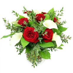 Shown against a pure white background, this elegant floral arrangement blends passionate red and serene white in a way that feels perfectly suited to a romantic evening in Tufnell Park. At the centre, a cluster of deeply saturated red roses opens fully, each flower displaying layers of velvety petals that curl inwards like small, intricate rosettes. Their colour is a true, rich crimson, the kind of red often chosen to say "I love you" without a single word. Nestled between the roses are several white calla lilies, each one a smooth, sculptural trumpet, its creamy petal wrapped around a soft golden-yellow spadix. The lilies tilt and arc gracefully, offering a calm counterpoint to the intensity of the roses and bringing a quiet, contemporary elegance to the design. Around these focal blooms, lush mixed foliage creates a sense of fullness and movement. Sprays of eucalyptus, with their soft, rounded leaves and silvery-green cast, drift delicately around the bouquet, while darker, broader leaves form a rich green frame that makes the red and white flowers glow even more vividly. All of this is gathered neatly into a clear cylindrical glass vase, where the straight green stems can be seen through the water, adding a clean, natural finish. Bright, even lighting highlights every curve and texture, from the matte softness of the roses to the subtle sheen of the lilies. It is a bouquet that feels at once composed and heartfelt, ideal for anniversaries, special dinners, or quiet gestures of affection anywhere from Tufnell Park Gardens to nearby corners of north London.