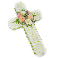 In simple, solemn composition this white chrysanthemum cross conveys comfort with measured restraint, set against a pristine white field and a delicate drop shadow that gives depth to its form. Hundreds of small button chrysanthemums are packed thick to create the cross's substantial, cushion-like surface-each tiny white bloom contributing to an overall impression of purity and calm. The whole piece is neatly edged with a bright lime-green ribbon or trim that runs along the outer margin, a clean, modern accent that brightens the silhouette without disturbing the arrangement's reverent tone. Centered where the upright and arm meet, a small cluster of premium garden roses forms the emotional centre: fully opened roses in pale blush, creamy apricot-peach and ivory are nestled among fresh green fern fronds and slender sprays of light purple filler flowers, their soft textures and gentle hues creating a quiet focal warmth. The composition balances density and airiness-compact chrysanthemums contrasted with the open rose blooms and feathery lavender-inviting both visual peace and a subtle floral scent. As an experienced local florist serving the Tufnell Park community, Flowers Tufnell Park would present this piece for funerals, memorial services, or as a respectful grave tribute, appropriate for placement inside a chapel on Tufnell Park Road or at a graveside in nearby high-ground cemeteries. The craftsmanship and material choices speak to a careful, consoling intent: a dignified expression of remembrance and faith that reads clearly from the front pew or across a quiet memorial garden.
