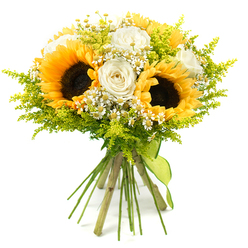 Captured against a pure white backdrop, this hand-tied bouquet glows with the easy, cheerful warmth of a late summer afternoon in Tufnell Park. Three large sunflowers stand proudly at the heart of the design, their dark, seed-packed centres surrounded by perfect rings of golden-yellow petals that radiate outward like miniature suns. Between them, several white roses nestle closely, their petals smooth and velvety, winding inward in tight spirals that lend a touch of refined romance to the rustic composition. Sprinkled throughout, delicate white daisy-like flowers, reminiscent of chamomile or feverfew, dot the arrangement with their petite yellow centres, introducing a playful, country-lane charm that softens the strong forms of the larger blooms. Fine sprays of bright lime-green foliage, similar to solidago and other airy fillers, weave around the flowers in light, feathery arcs, creating movement and fullness while keeping the whole piece feeling breathable and fresh, like a gentle breeze through Tufnell Park's tree-lined streets. The stems, long and neatly trimmed, are gathered firmly by an elegant lime-green ribbon that wraps several times around the base before hanging in a simple, relaxed tail. This thoughtful detail ties together the bouquet's green accents and adds a crafted, florist's touch. The arrangement feels joyful yet composed, ideal as a housewarming gift for a new flat near Tufnell Park station, a congratulatory gesture for exam results, or a pick-me-up for someone who needs a little extra light. Every element suggests care, freshness, and a sense of everyday celebration.