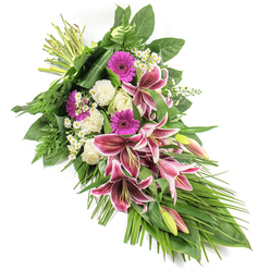 Set against a spotless white background, this elegant funeral sheaf is arranged in a flowing diagonal, starting from neatly bound stems at the top left and cascading gently down to the bottom right in a classic teardrop outline. The eye is immediately drawn to the prominent Stargazer lilies, their large, star-shaped blooms painted in rich fuchsia and raspberry shades, framed by crisp white edges and fine burgundy freckles. Some buds remain closed, tipped with green and pink, hinting at the gentle unfolding of memories. Clusters of vivid magenta gerbera daisies introduce a splash of cheerful colour, balanced by serene white roses and softly frilled white carnations that bring a sense of peace and reverence. Small daisy-like white filler flowers are interwoven throughout, creating a delicate lace of petals between the bolder blooms. The arrangement is anchored by a lush foundation of greenery: broad, glossy dark leaves cradle the flowers, feathery ferns add light texture, and long, slender grass-like blades extend outward and downward, emphasizing movement and length. The lighting is bright and neutral, highlighting the glossy sheen of the lilies and the plush texture of the carnations without casting harsh shadows. It feels like a piece lovingly fashioned by an experienced Tufnell Park florist, perhaps destined for a quiet chapel near Tufnell Park station or a family home along Brecknock Road. The overall mood is one of solemn beauty and gentle comfort, making this spray a meaningful choice for funerals, memorials, or sending condolences across the local community.