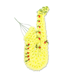 This image shows an exquisitely detailed floral saxophone, crafted as a memorial tribute and photographed against a stark white backdrop so every nuance of colour and texture is visible. The entire form of the instrument is sculpted in flowers, its long body and flared bell densely covered with small, tightly clustered yellow chrysanthemums. Their soft, feathery petals create a plush, almost fabric-like surface that curves naturally, suggesting the smooth brass of a real saxophone glinting under stage lights in a Tufnell Park jazz bar. Tiny, deep red roses are nestled at intervals along the length, arranged where the finger keys and tone holes might be, giving the impression of music waiting to be played. Threads of slender green foliage, perhaps fine ivy or similar trailing greenery, meander along the outline and across the bell, adding depth and a gentle, flowing movement, like a melody drifting across the green expanse of nearby Hampstead Heath. A few thin wire stems can just be seen around the mouthpiece area, discreetly supporting the design and adding a subtle metallic echo of the true instrument. The piece stands upright, as if poised for a final solo, and evokes both tenderness and pride-a fitting funeral tribute for a saxophonist, jazz enthusiast, or someone whose life in North London was defined by rhythm and performance. One can almost imagine the faint scent of fresh chrysanthemums and roses mingling in the air during a service, offering quiet comfort to family and friends gathering from around Tufnell Park, Archway, and Kentish Town to say goodbye.
