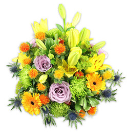 Seen from an intimate viewpoint, this abundant, hand-arranged bouquet presents a joyful dialogue of colour and texture set against a clean white backdrop. Towering yellow Asiatic lilies command attention-some of their speckled faces wide open, others still gently furled-their fragrant presence implied by the tender curve of each petal. Scattered between these luminous lilies are bright orange Gerbera daisies, their broad, radiating petals like small suns that bring instant cheer. Soft mauve-lilac roses are tucked into the centre, their velvety spirals cooling the palette with a romantic, serene note. The bouquet gains body from chartreuse-green button chrysanthemums, whose tightly clustered florets create soft, cushiony mounds and lend a lush, almost tactile density. Small, spherical golden-orange accents punctuate the arrangement with playful texture, while steel-blue Eryngium thistles push slightly beyond the silhouette to introduce a crisp, modern edge and botanical drama. Various shades of green foliage knit the elements together, offering visual rest and a sense of natural abundance. The composition is crafted with an experienced hand-balanced, layered, and generous-suited to mark celebrations, convey thanks, or offer quiet sympathy. Imagined for delivery around Tufnell Park and nearby Dartmouth Park, the bouquet reflects local floral sensibilities: bright, welcoming, and seasonally fresh, the sort of arrangement a neighbour might send to celebrate a new home on Fortess Road or to lift spirits after a long day by the station.