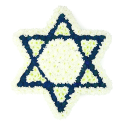 A striking Star of David floral tribute dominates the scene, its six points sharply defined yet softened by layers of delicate petals. The design rests on a neutral white backdrop, allowing the powerful pairing of colours-pure white and deep navy blue-to speak clearly. Around the entire perimeter of the Magen David, ruffled white chrysanthemums or similar pompom flowers form a thick, cushiony frame, outlining the star with a gentle, feathery edge. Within this border, a large central hexagon of pure white blooms anchors the composition, drawing the eye inward to a symbol of light and peace. From this centre, the six points of the star extend outward, completely filled with compact clusters of dark blue or indigo flowers, their intensity lending weight, depth, and solemnity to the piece. At the inner base of each blue triangle, a smaller, precise triangle of white flowers has been set, like quiet echoes of the central hexagon, creating a repeating pattern that feels carefully considered and deeply respectful. Texturally, the tribute appears lush and almost tactile, as though running a hand lightly over the flowers would reveal a soft, even surface. The calm contrast of blue and white recalls traditional Jewish ceremonial colours and suggests a tribute suitable for a Jewish funeral, memorial, or shiva gathering in the Tufnell Park area. One can easily imagine this arrangement being delivered to a family home near Tufnell Park station or close to leafy Dartmouth Park, offered as a heartfelt message of condolence from local florists attuned to the rituals of remembrance and faith.