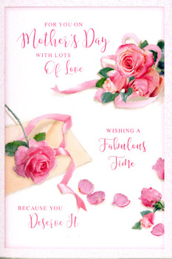 This Mother's Day card design presents a romantic still life of pink roses and script, as if carefully placed on a light table near a window in a Tufnell Park home. The main composition features a lush cluster of blush and medium-pink roses, each bloom painted with lifelike shading that suggests velvety petals almost soft to the touch. Smaller rosebuds peek between the full flowers, while a few delicate petals are shown mid-fall or resting gently on the card's pale background, giving a sense of movement and quiet celebration. A slender, pastel ribbon loops loosely around the central bouquet, its soft curves echoing the rounded shapes of the petals and hinting at a florist's neat finishing touch. The background remains mostly white or very pale cream, allowing the pink tones to glow, much like roses arranged under soft shop lighting on Junction Road. Flowing calligraphy sweeps across the upper and side areas of the card with a heartfelt Mother's Day greeting, the letters tall and elegant, creating the impression of a carefully penned note to a cherished mum. Subtle shadows under the blooms and petals lend depth, as though the flowers have just been laid down beside a wrapped gift or a fresh bouquet awaiting delivery across Tufnell Park and the surrounding streets. The entire scene feels gentle, fragrant, and serene, capturing that quiet moment of gratitude when a child presents their mother with flowers and a card, perhaps after a Sunday walk through local green spaces.