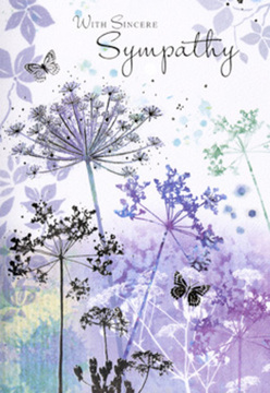 The artwork on this sympathy card feels like standing in a still, early morning field somewhere between Tufnell Park and nearby Hampstead Heath, when the world is muted and thoughtful. Fine, spindly wildflower stems rise in loose clusters from a softly blended wash of lavender, mauve, and cool blue-grey, their umbelliferous flower heads rendered as lace-like silhouettes. Each tiny floret is suggested with a light, almost transparent touch, as though the artist has breathed them onto the paper in layers of watercolour. The background shifts gently from cool purples into silvery greens, giving the impression of low mist drifting across a meadow at dawn. Among these airy shapes, fragile butterflies hover, their wings defined with the faintest hint of colour, evoking quiet moments of hope and continuity that follow even the deepest grief. Nothing in this design feels heavy or insistent; instead, it carries the same unhurried calm you might sense walking along Tufnell Park's tree-lined streets, where life moves softly and neighbours tend to one another with quiet kindness. The light within the scene is diffused, with no sharp edges, so the eye moves slowly across the tall stems and fluttering wings, invited to pause and breathe. As a florist who spends each day arranging condolence flowers for families in and around Tufnell Park, I see in this card a visual whisper of support: an image that does not try to fix sorrow, but gently sits beside it, offering a calm space for remembrance and the reassurance that cherished memories still bloom in the heart.